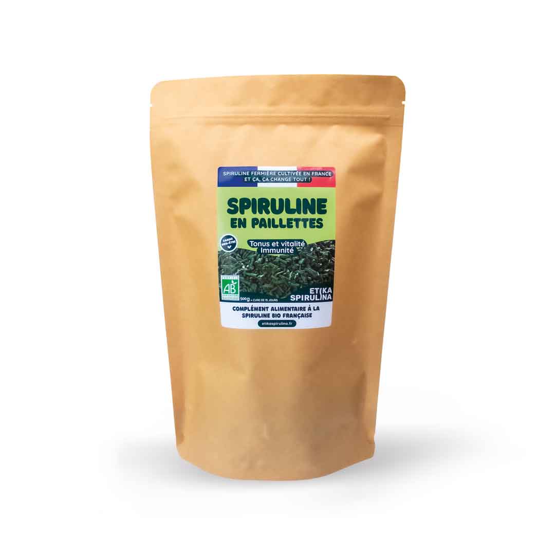 Sachet de 500g de paillettes de spiruline bio française Etika Spirulina, complément alimentaire naturel