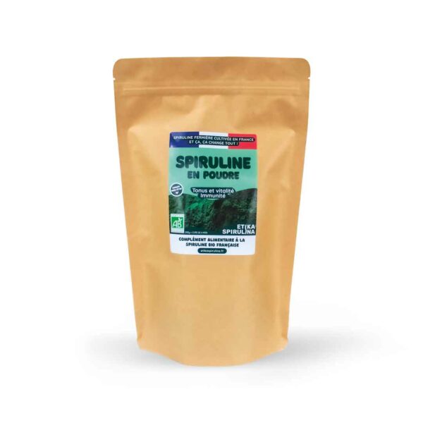 Sachet de 500g de poudre de spiruline bio française Etika Spirulina, complément alimentaire naturel