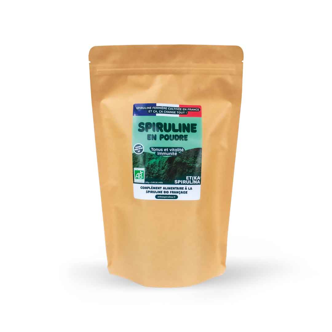 Sachet de 500g de poudre de spiruline bio française Etika Spirulina, complément alimentaire naturel