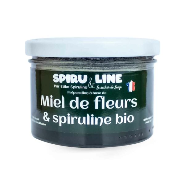 Pot de 250g de miel de fleurs et spiruline bio, avec le logo Spiru&Line, le titre "Miel de fleurs & Spiruline bio" et un design d'alvéole de ruche