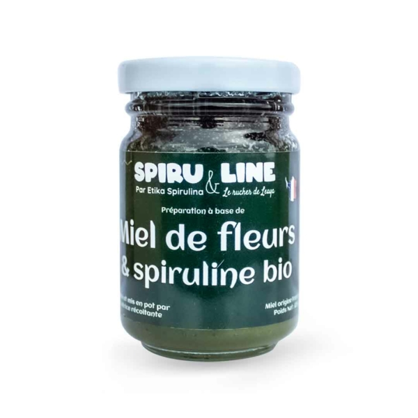 Pot de miel de fleurs et spiruline bio 125g avec son étiquette face avant, mettant en avant le logo de la marque, le nom du produit et ses principaux atouts.