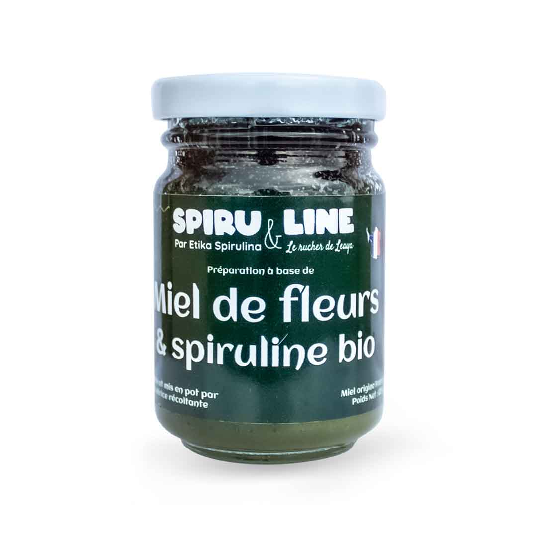 Miel de fleurs et spiruline bio 125g : une douce saveur caramélisée végétale.