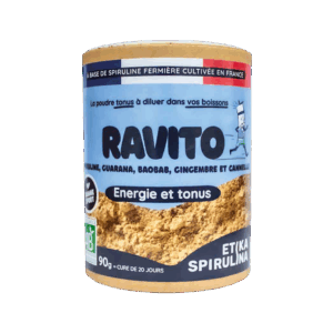 Poudre Ravito Etika Spirulina, complément Tonus & Immunité à base de spiruline, baobab, cannelle, guarana et gingembre