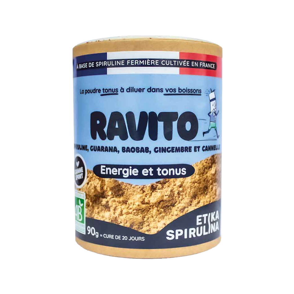 Poudre Ravito Etika Spirulina, complément Tonus & Immunité à base de spiruline, baobab, cannelle, guarana et gingembre