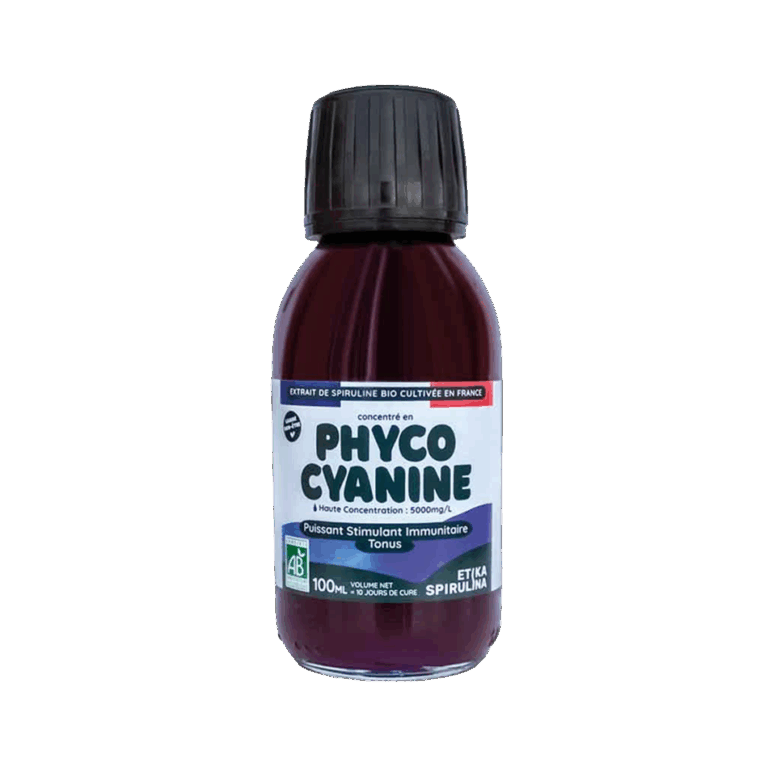 Packshot du flacon de phycocyanine liquide bio Etika Spirulina