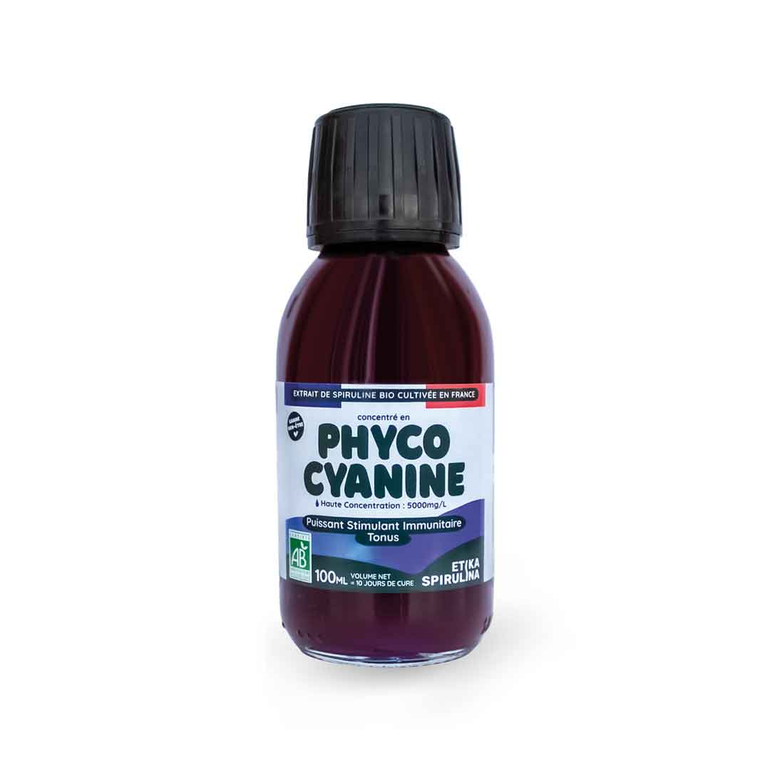 Packshot du flacon de phycocyanine liquide bio 100 ml Etika Spirulina