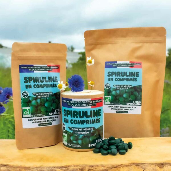 Mise en situation de la spiruline en comprimés 45g, 90g et 500g