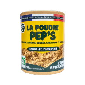 Poudre Pep's Etika Spirulina, complément Tonus et Immunité à base de spiruline, baobab, cannelle, guarana et gingembre