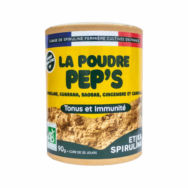 Poudre Pep's Etika Spirulina, complément Tonus et Immunité à base de spiruline, baobab, cannelle, guarana et gingembre