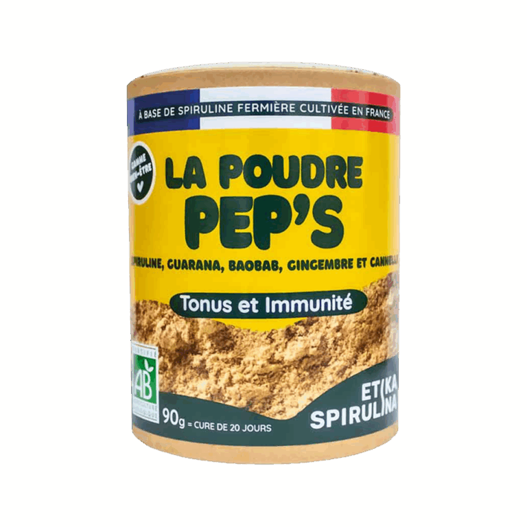 Poudre Pep's Etika Spirulina, complément Tonus et Immunité à base de spiruline, baobab, cannelle, guarana et gingembre