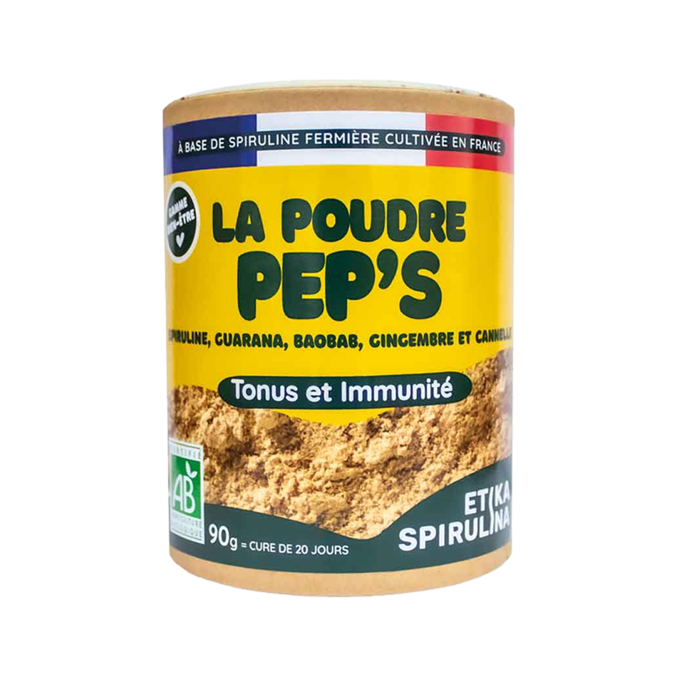 Poudre Pep's Etika Spirulina, complément Tonus et Immunité à base de spiruline, baobab, cannelle, guarana et gingembre