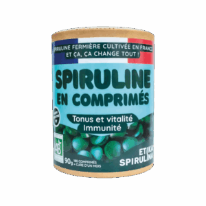 Pot de 90g de comprimés de spiruline bio française Etika Spirulina, complément alimentaire naturel