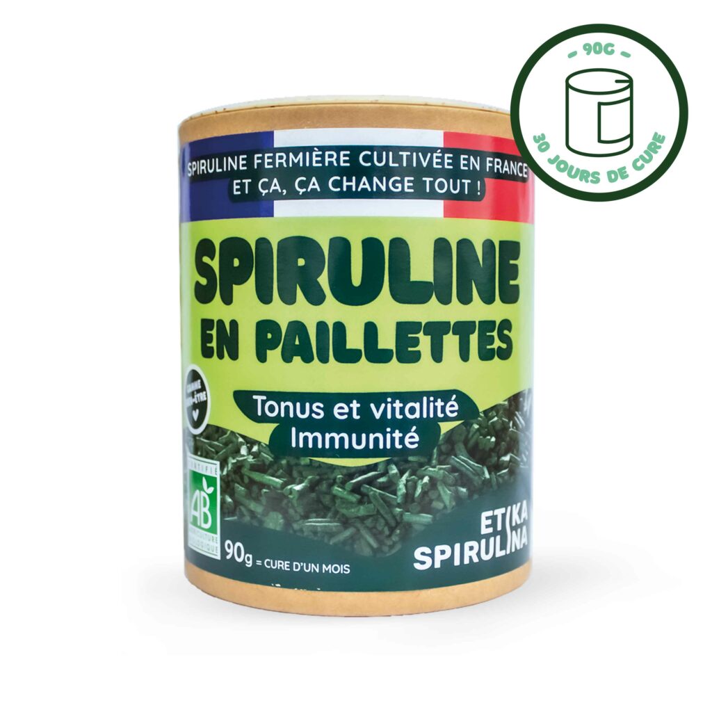 Vue de face du côté du packshot du packaging de spiruline en paillettes 90g