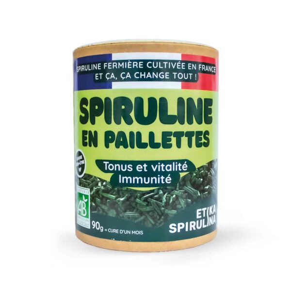 Pot de 90g de paillettes de spiruline bio française Etika Spirulina, complément alimentaire naturel