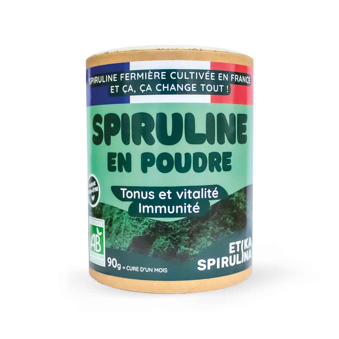 Pot de 90g de poudre de spiruline bio française Etika Spirulina, complément alimentaire naturel