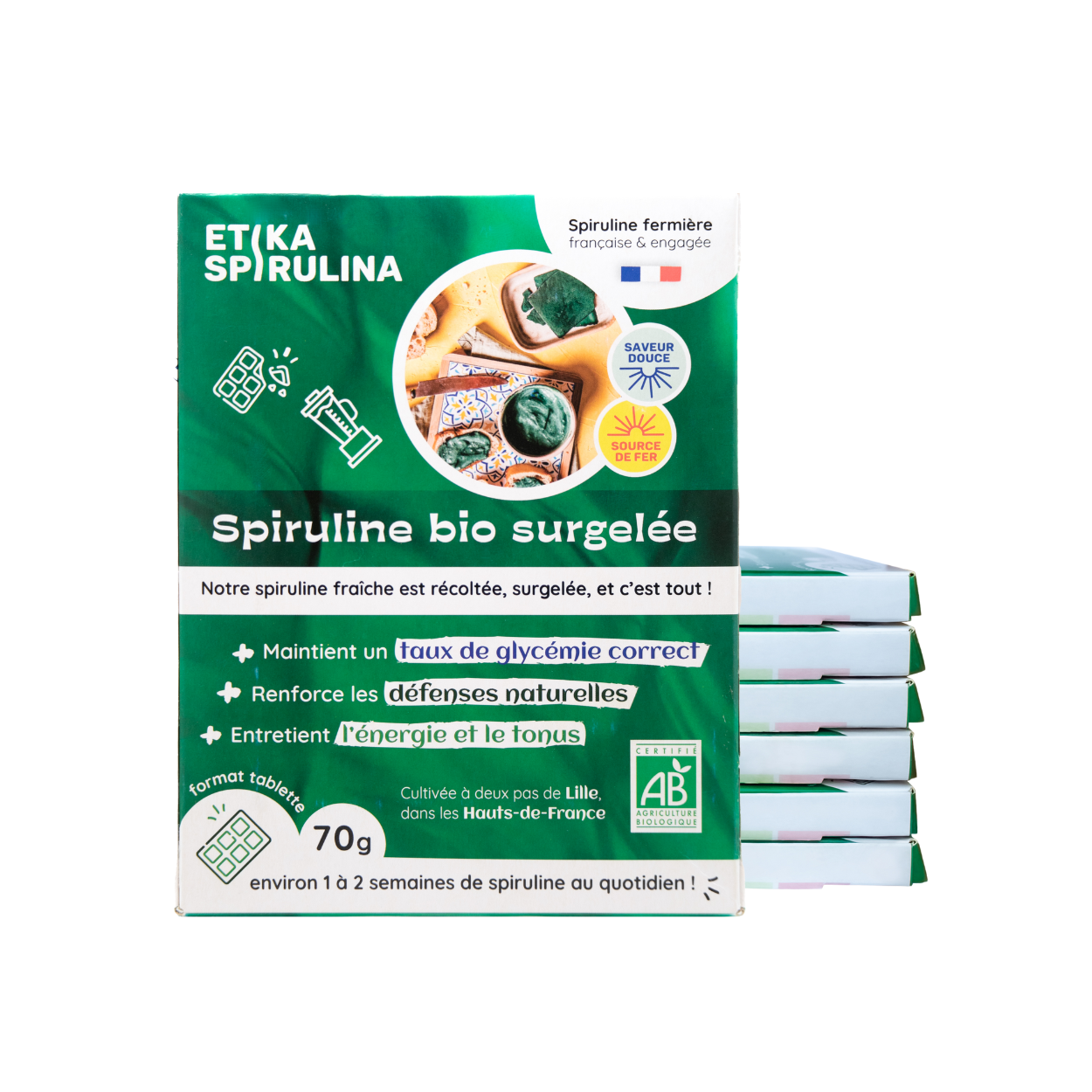Vue de face du packaging de spiruline surgelée 490g