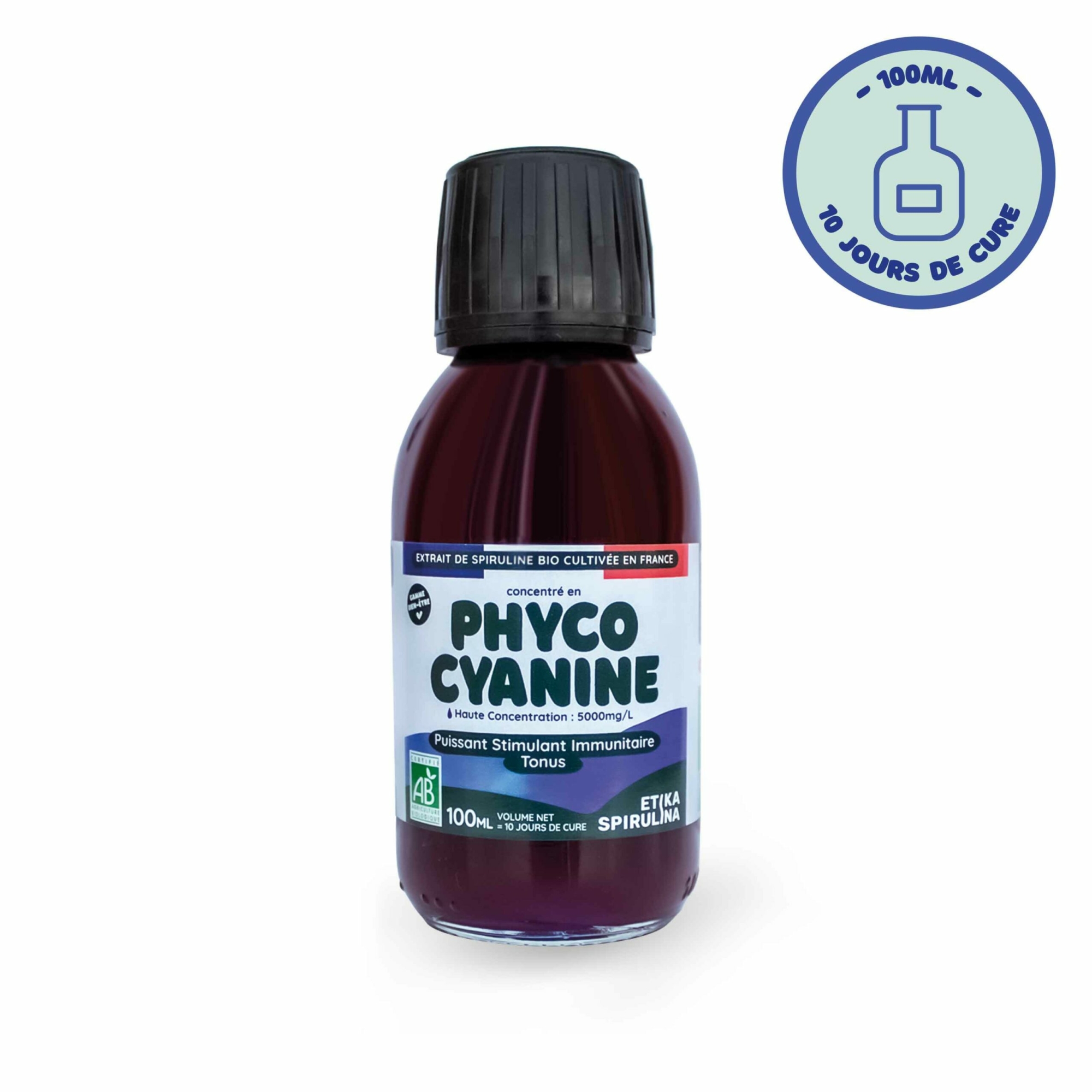 Vue de face du flacon de phycocyanine 100ml, conçu pour une utilisation prolongée.