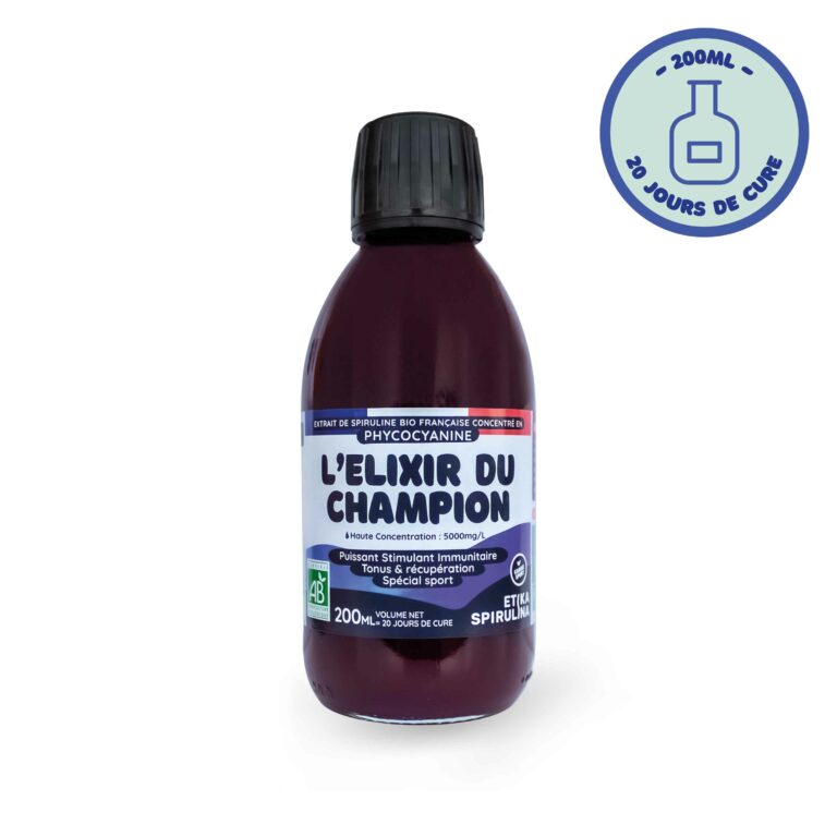 Vue de face de l’élixir du champion phycocyanine 200ml, conçu pour une utilisation optimale des bienfaits de la phycocyanine.