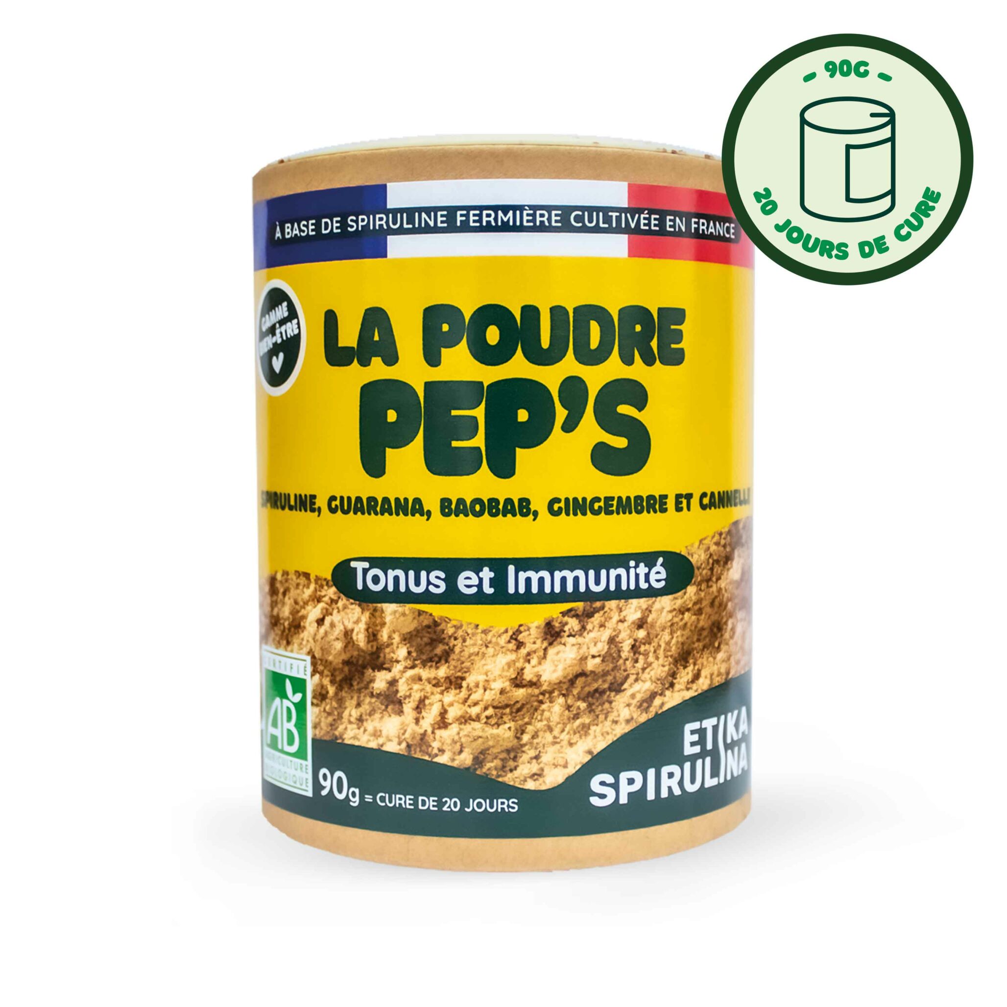 Packshot du mélange de poudre "La poudre pep's" contenant spiruline bio, guarana, baobab, gingembre et cannelle