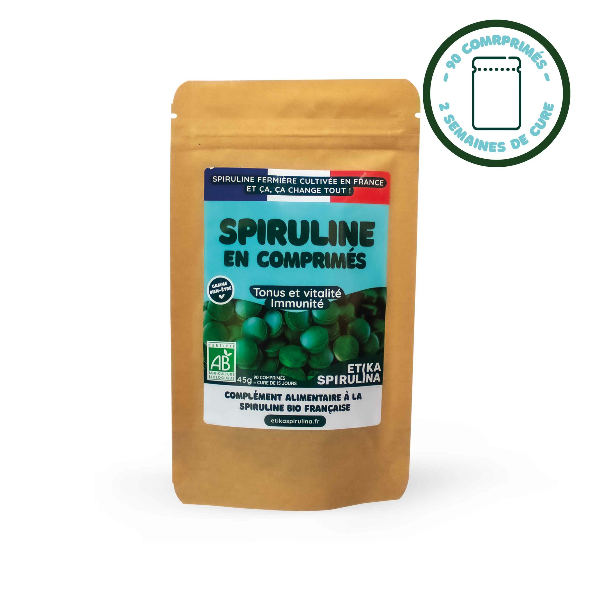 Sachet de comprimés de spiruline 45g - cure de 2 semaines, vue de face.