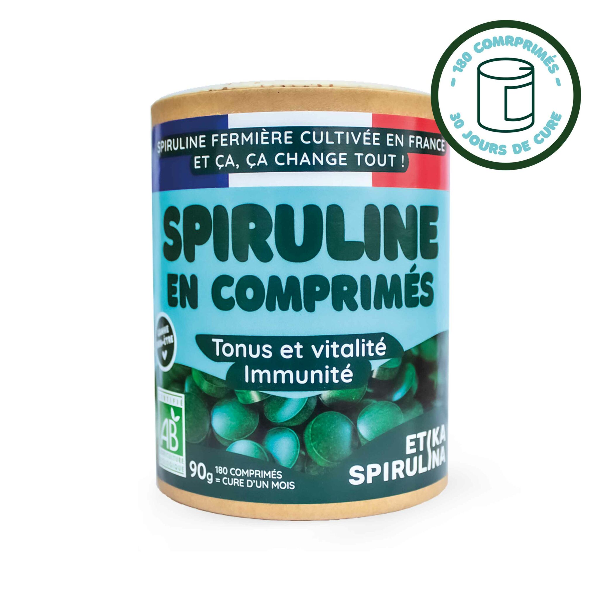 Boîte de spiruline en comprimés 90g - cure de 1 mois, vue de face.