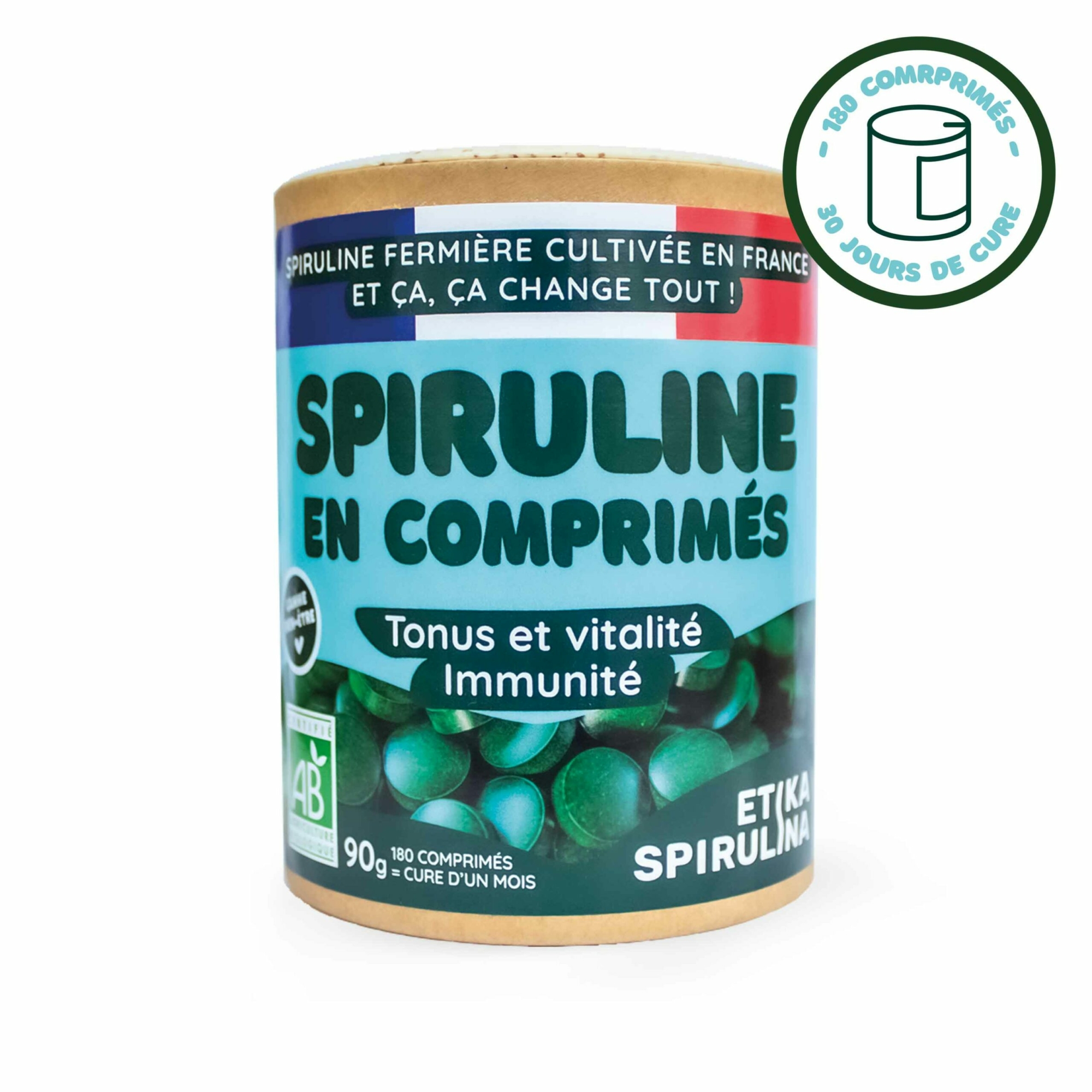 Vue de face de la boîte de spiruline en comprimés 90g, conçue pour une cure de 1 mois.