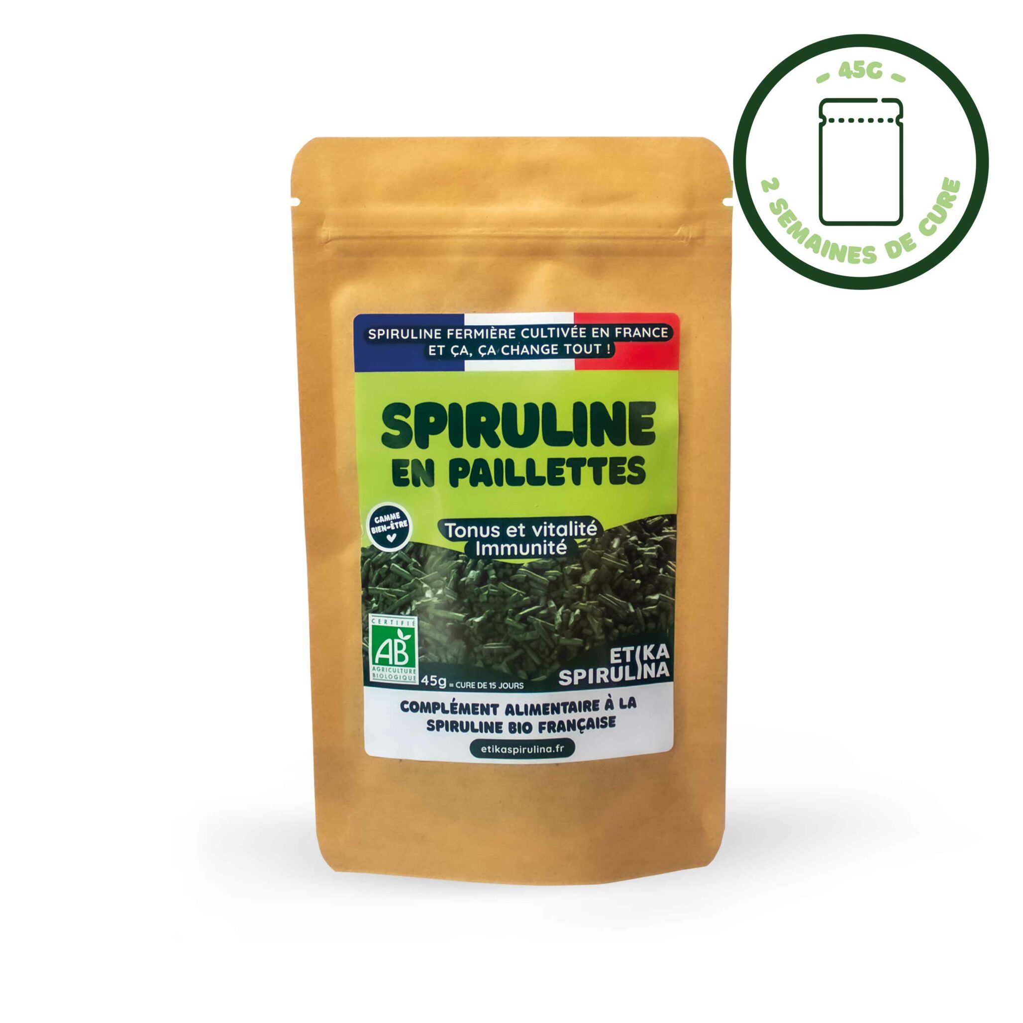 Sachet de spiruline en paillettes 45g - cure de 2 semaines, vue de face.