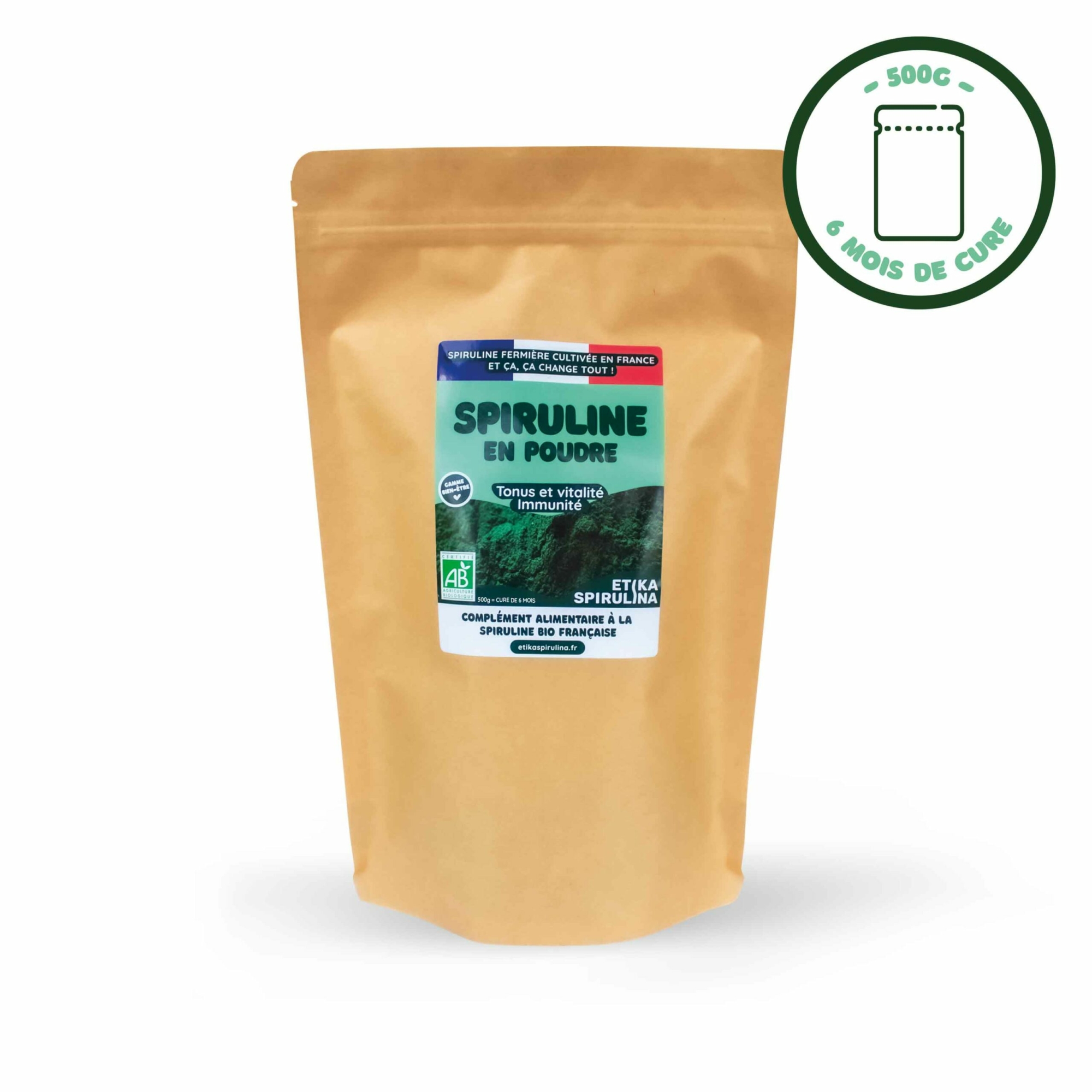 Vue de face du sachet de 500g de spiruline en poudre, conçu pour une cure de 6 mois.