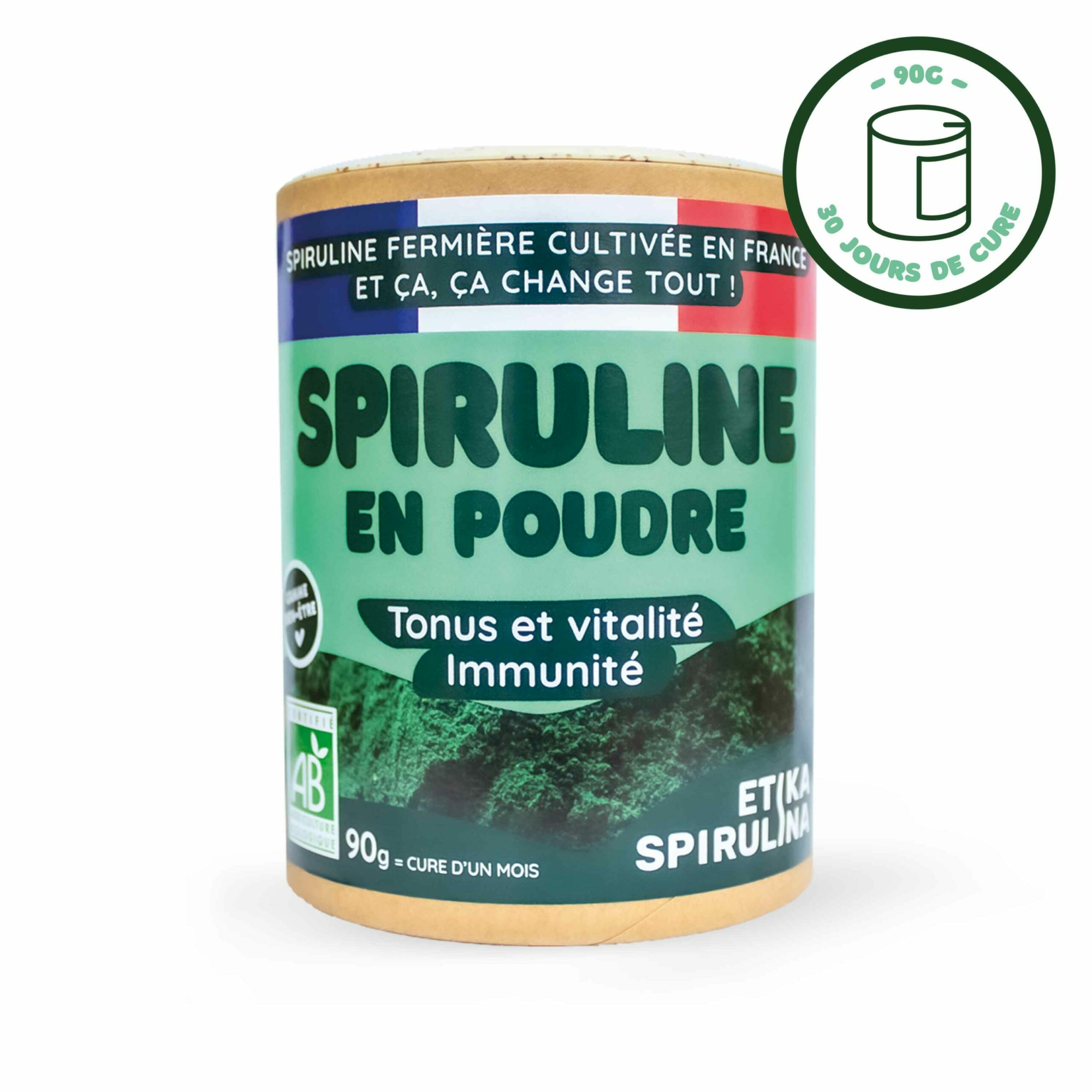 Packaging de spiruline en poudre 90g : complément alimentaire à la spiruline bio française. Un format pratique, facile à mélanger dans une boisson !