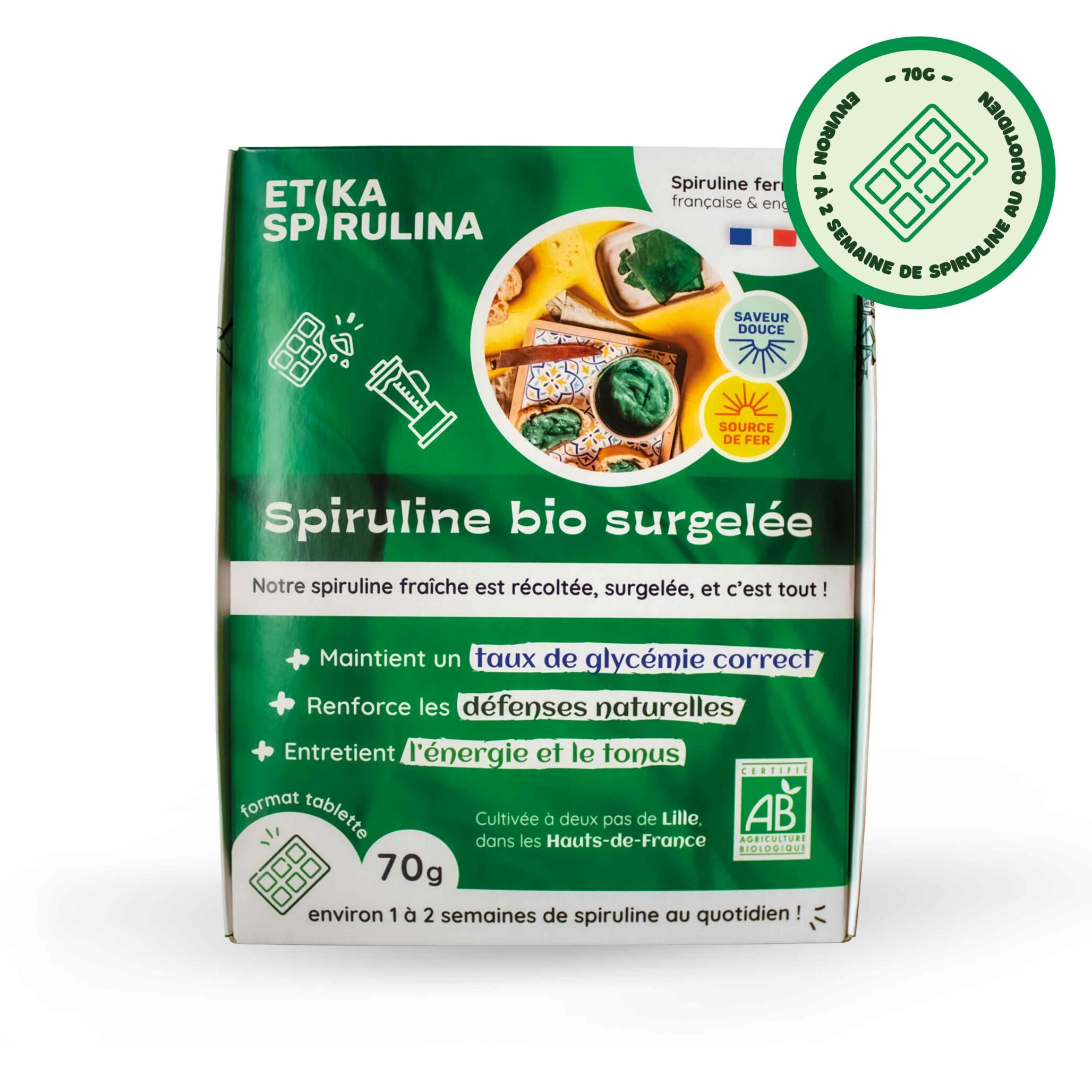 Vue de face du packaging de spiruline surgelée 70g