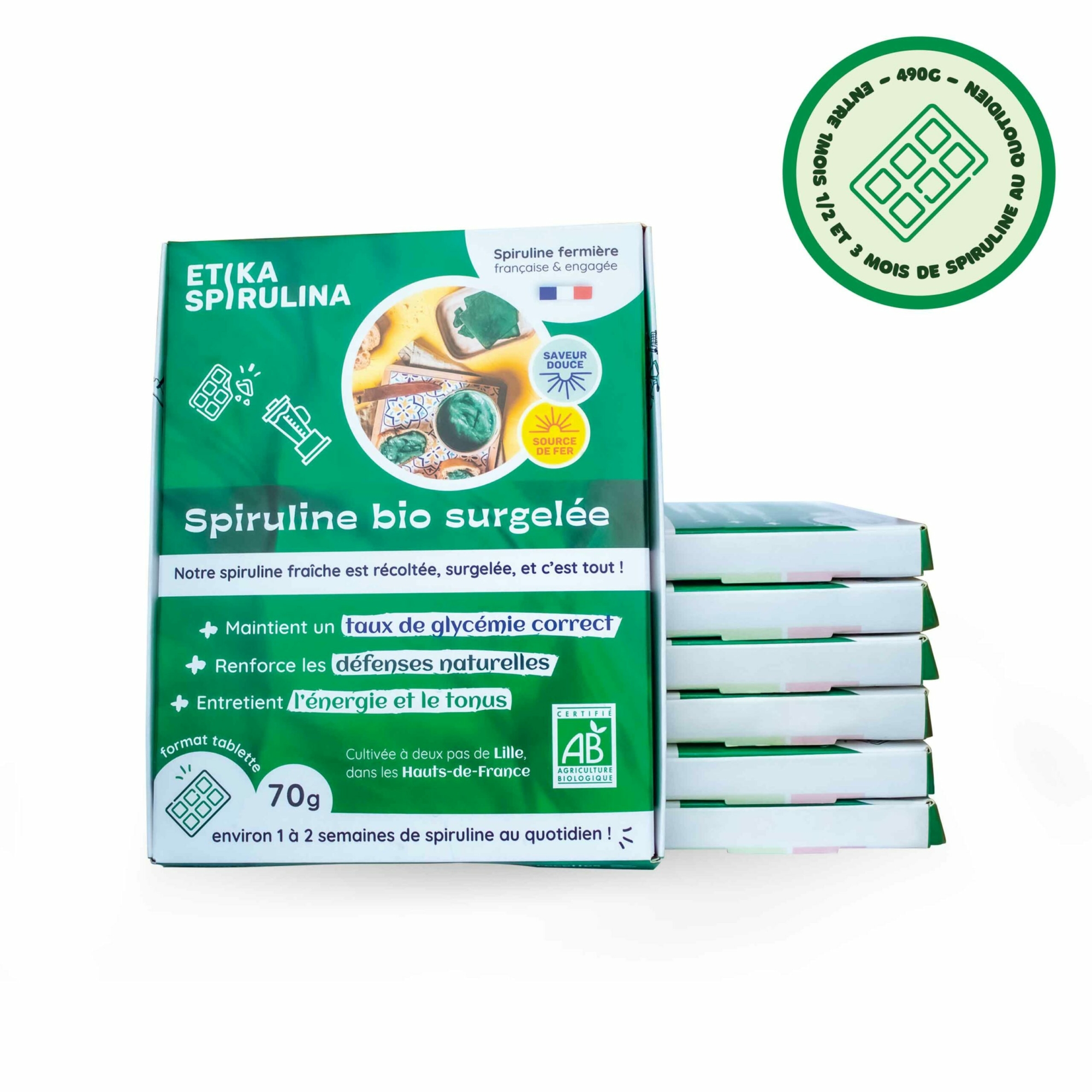 Packaging de spiruline surgelée 490g : fraîcheur et praticité réunies