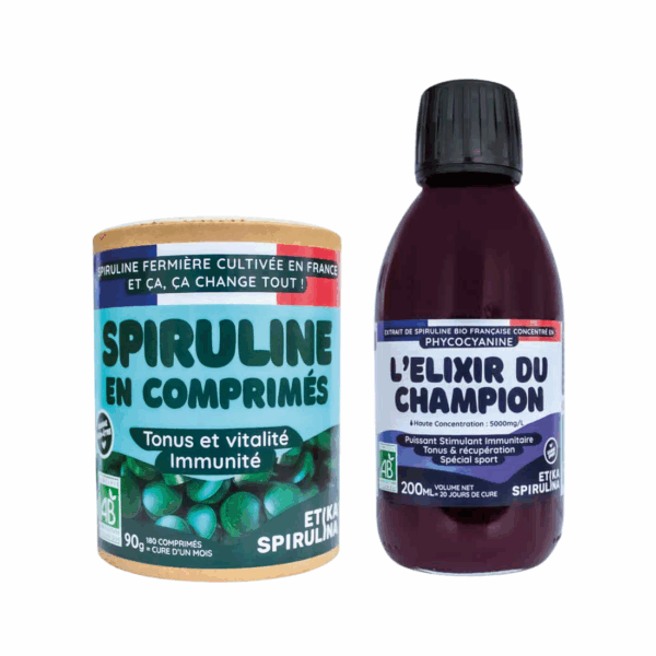 Pack Tonus & Immunité avec spiruline bio en comprimés 90g et flacon de phycocyanine bio 200 mL