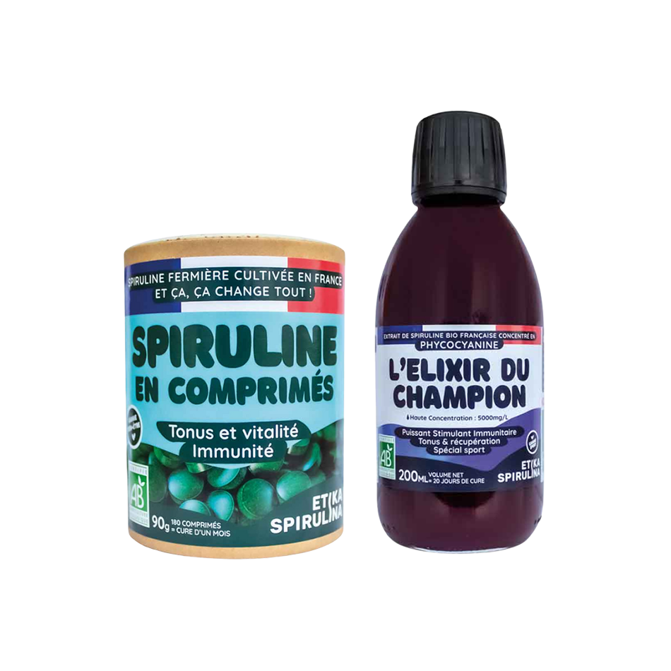 Pack Tonus & Immunité avec spiruline bio en comprimés 90g et flacon de phycocyanine bio 200 mL