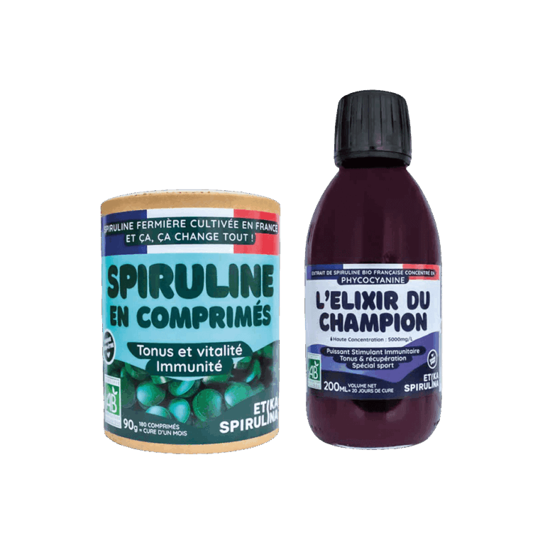 Pack Tonus & Immunité avec spiruline bio en comprimés 90g et flacon de phycocyanine bio 200 mL