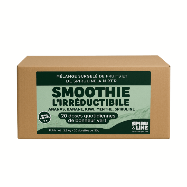 Carton fermé contenant des sachets de smoothie surgelé à base de spiruline et superfruits Etika Spirulina