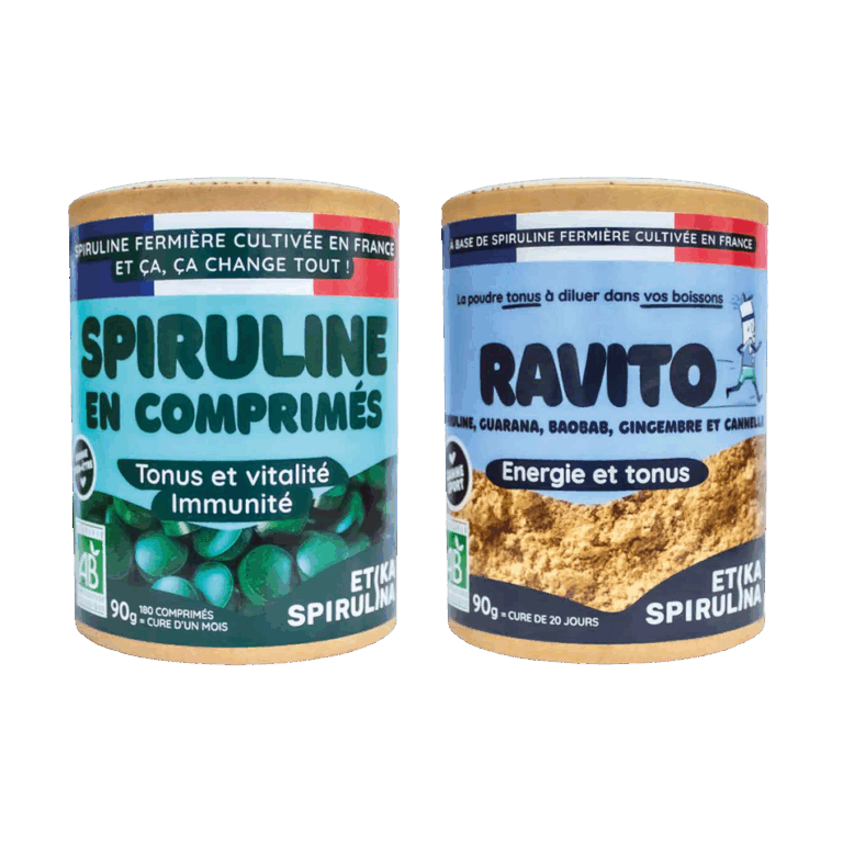 Pack pour sportif Etika Spirulina avec comprimés de spiruline bio 90g et poudre Ravito 90g