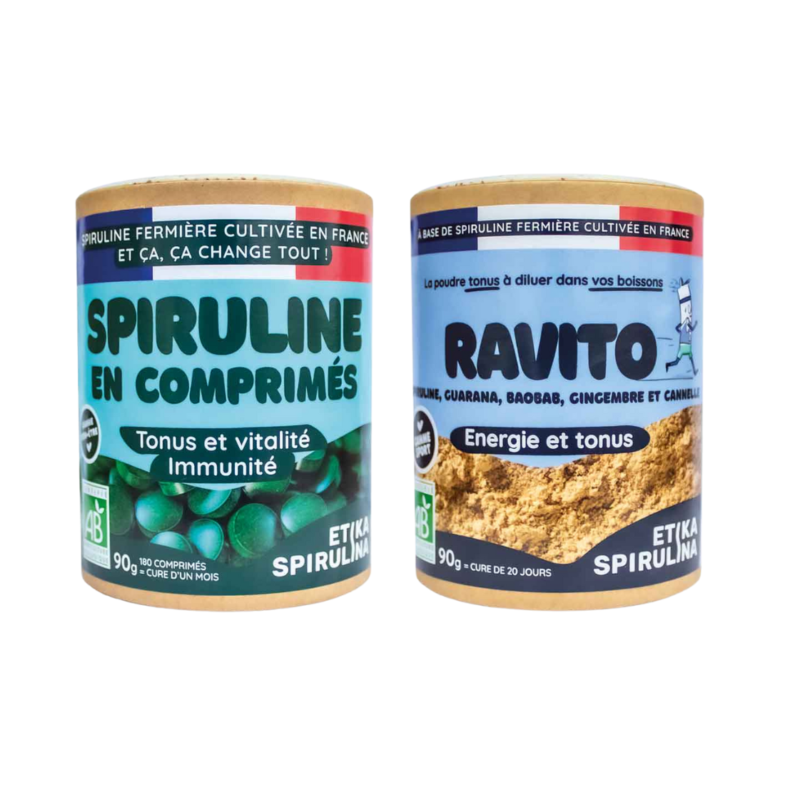 Pack pour sportif Etika Spirulina avec comprimés de spiruline bio 90g et poudre Ravito 90g
