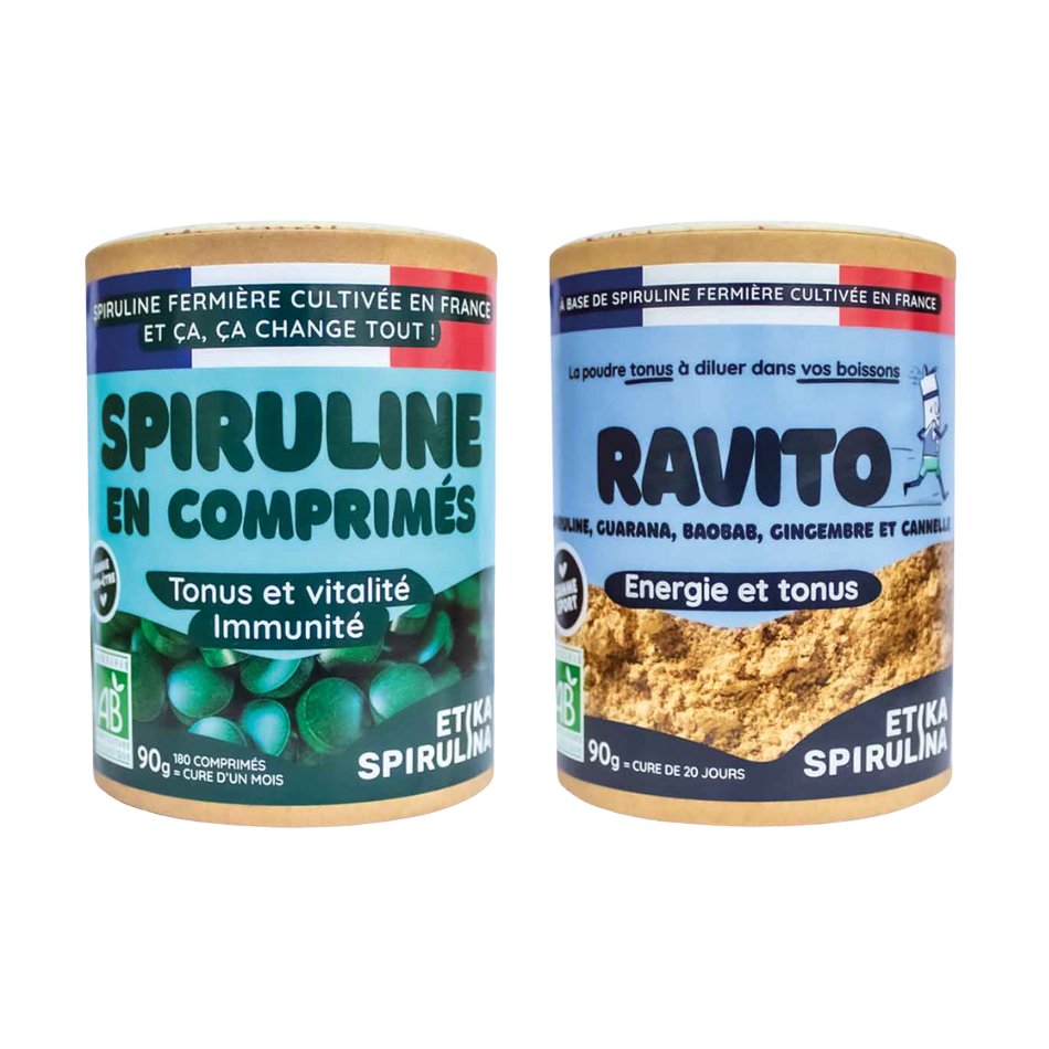 Pack pour sportif Etika Spirulina avec comprimés de spiruline bio 90g et poudre Ravito 90g