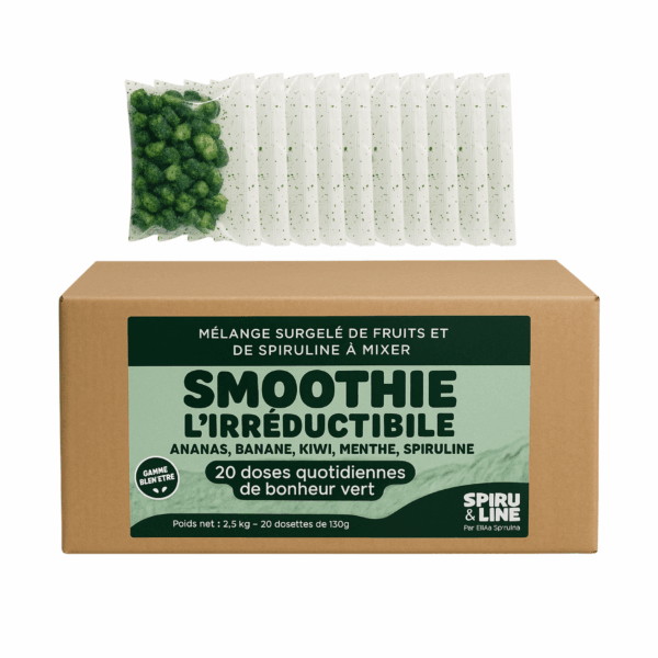 Carton fermé contenant des sachets de smoothie surgelé à base de spiruline et superfruits Etika Spirulina