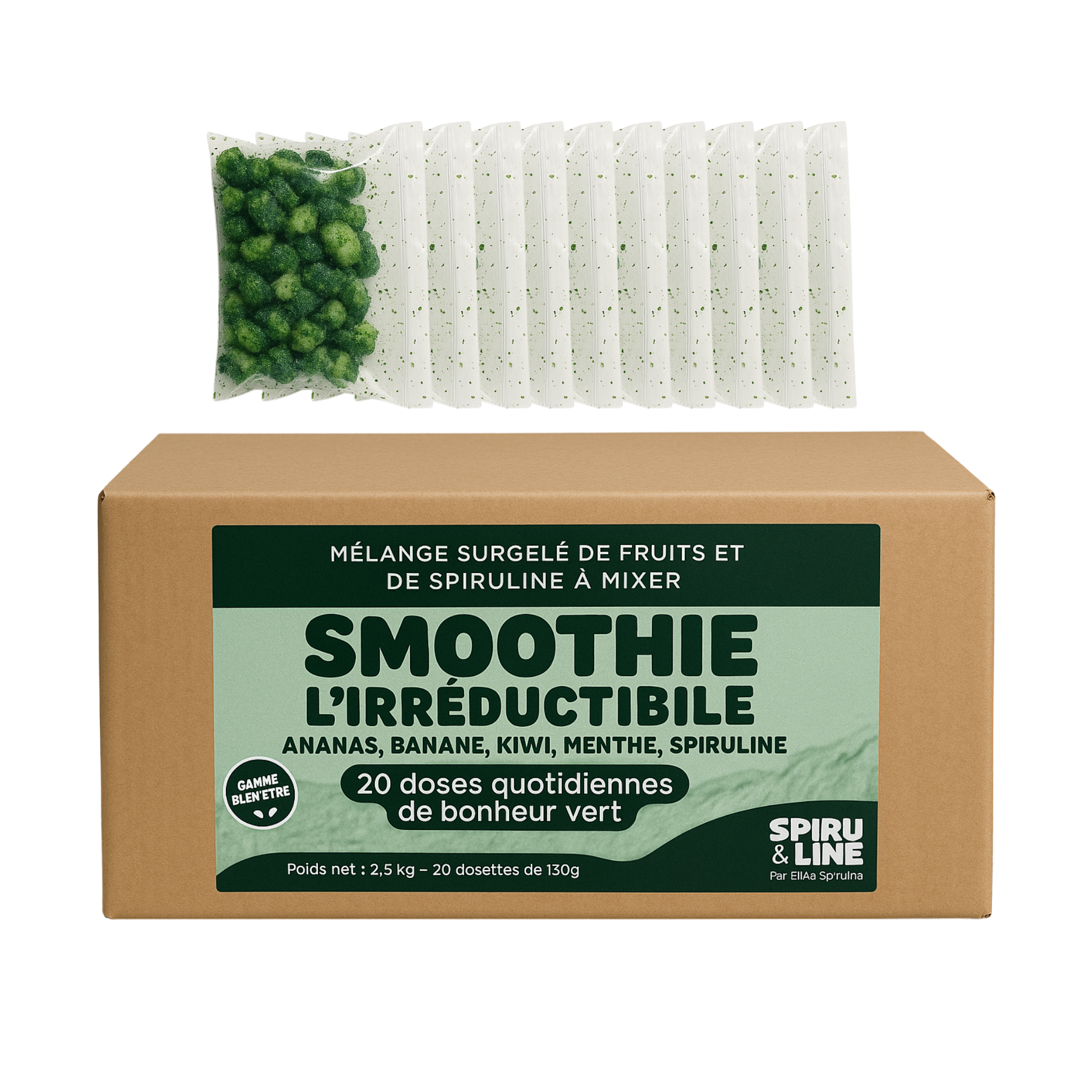 Carton fermé contenant des sachets de smoothie surgelé à base de spiruline et superfruits Etika Spirulina