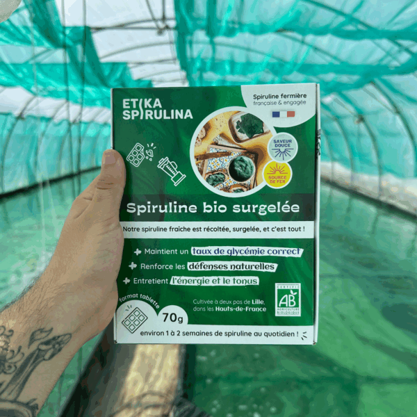 Boîte fermée de spiruline surgelée Etika Spirulina posée sous une serre de production fermière en France