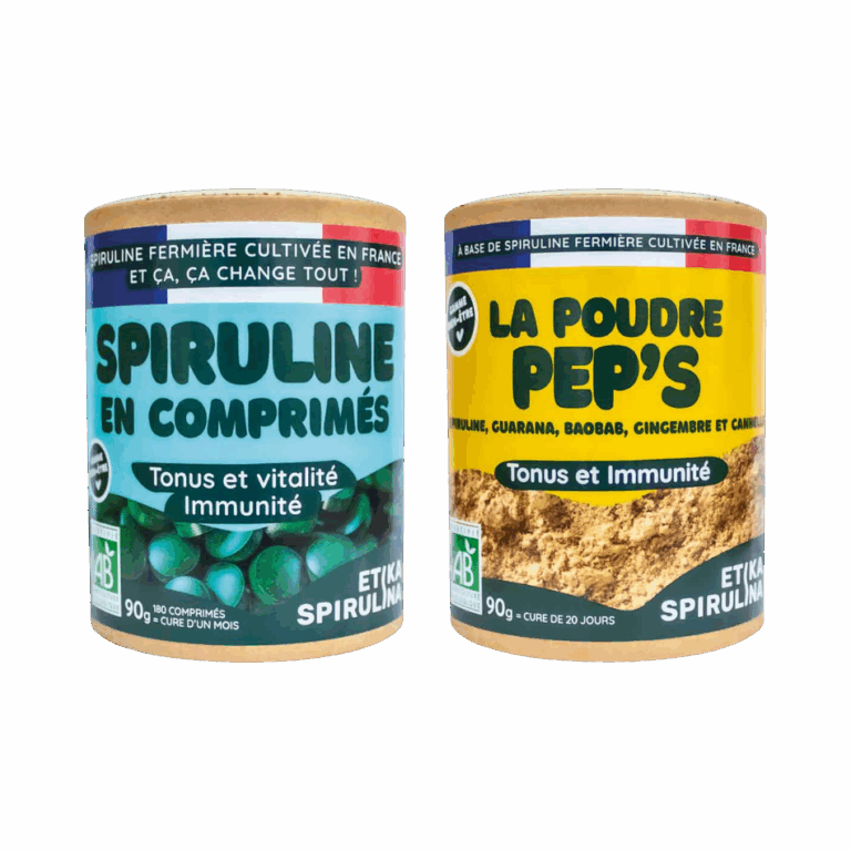 Pack pour bien-être Etika Spirulina avec comprimés de spiruline bio 90g et poudre Pep's 90g