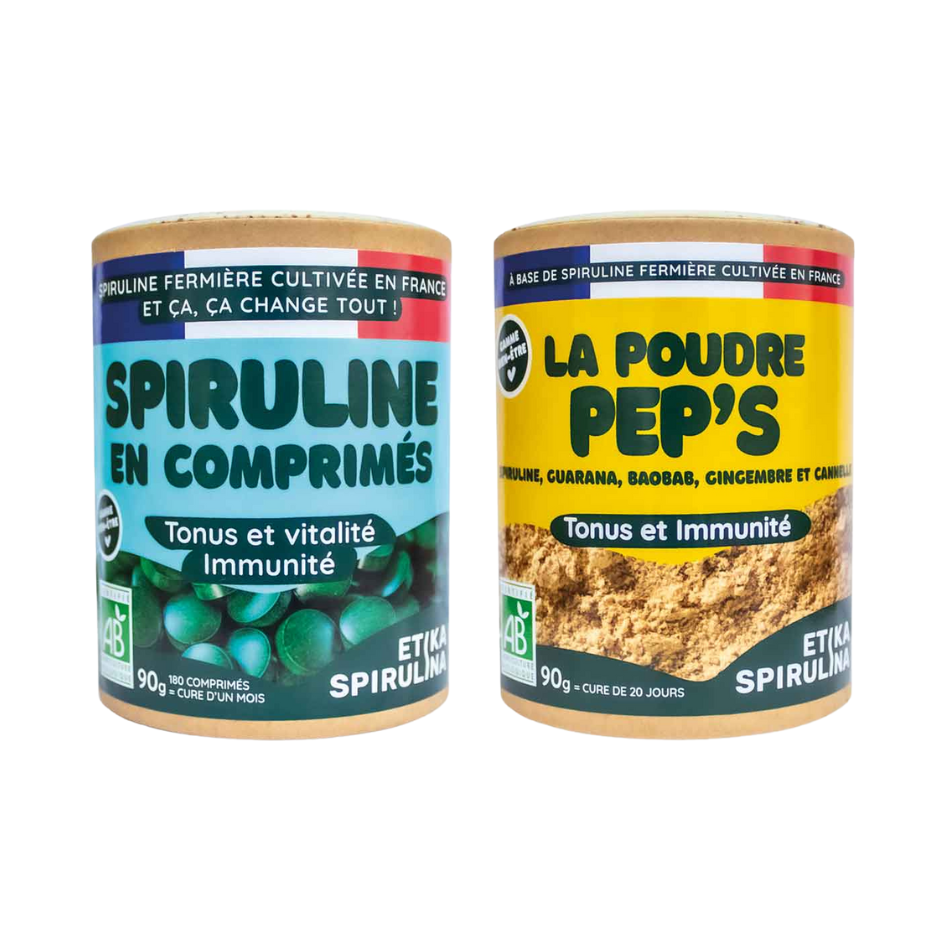 Pack pour bien-être Etika Spirulina avec comprimés de spiruline bio 90g et poudre Pep's 90g