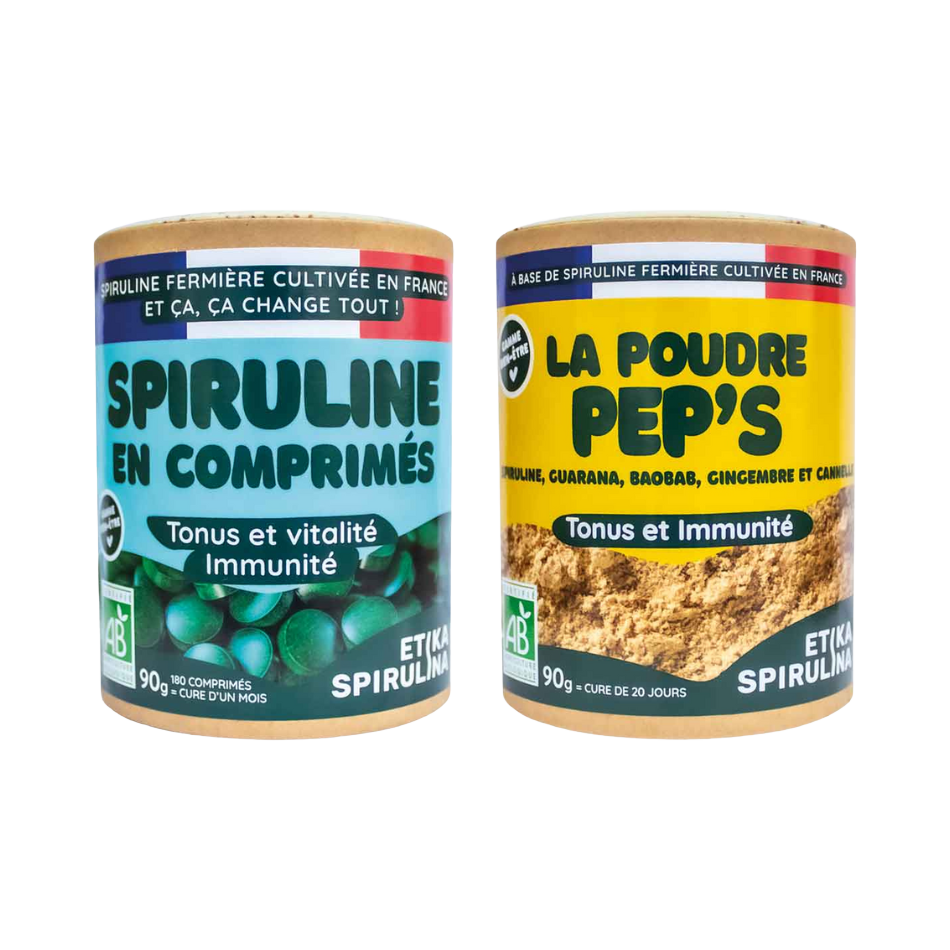 Pack pour bien-être Etika Spirulina avec comprimés de spiruline bio 90g et poudre Pep's 90g