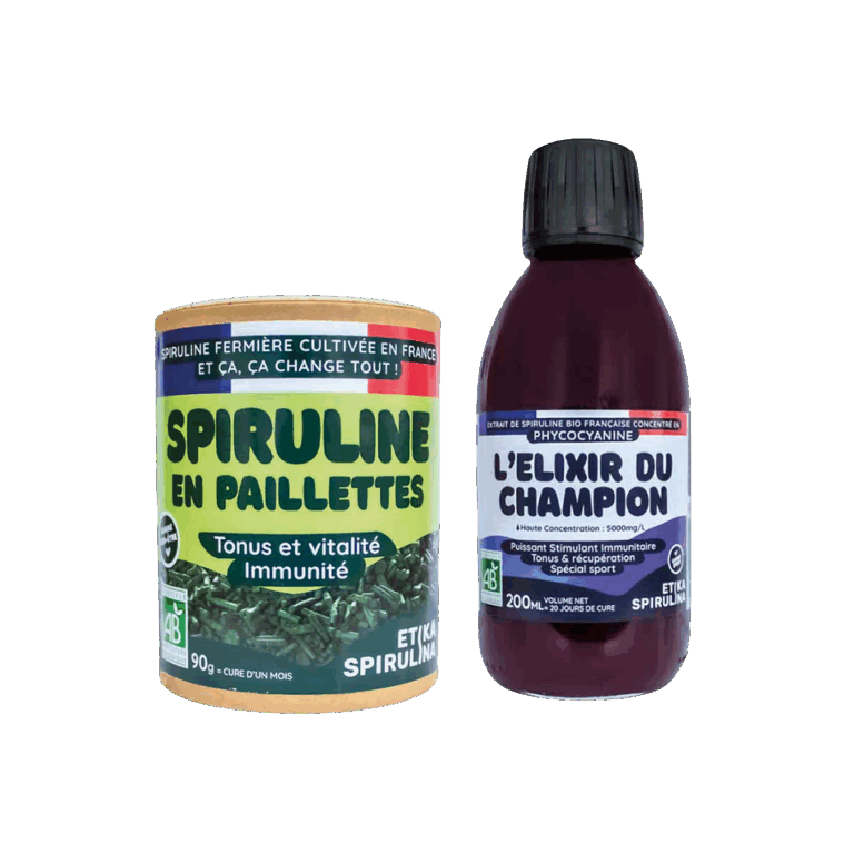 Pack Essentiel avec spiruline bio en paillettes 90g et flacon de phycocyanine bio 200 mL