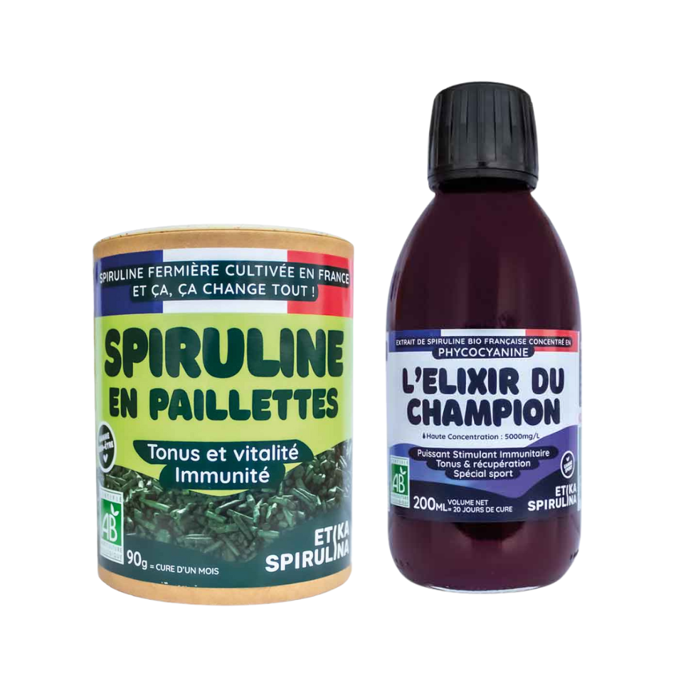Pack Essentiel avec spiruline bio en paillettes 90g et flacon de phycocyanine bio 200 mL