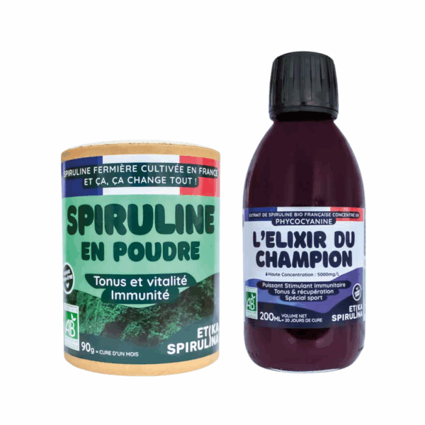 Pack Vitalité Naturelle avec spiruline bio en poudre 90g et flacon de phycocyanine bio 200 mL