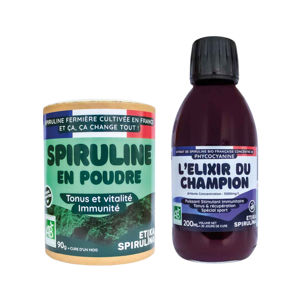 Pack Vitalité Naturelle avec spiruline bio en poudre 90g et flacon de phycocyanine bio 200 mL