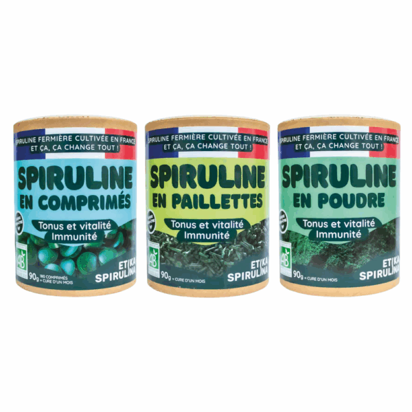 Photo du trio Etika Spirulina : pots de 90g en comprimés, paillettes et poudre, spiruline bio française