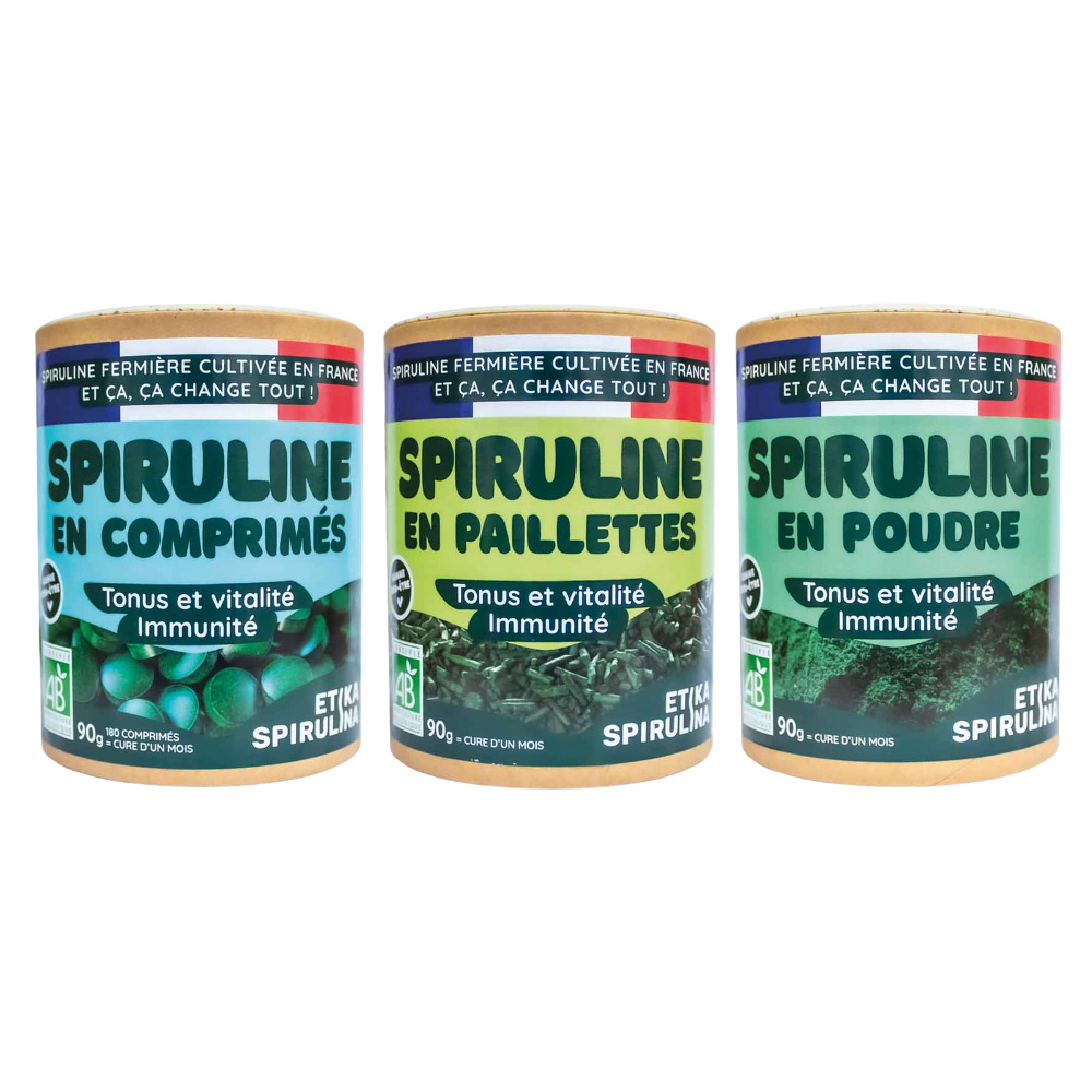 Photo du trio Etika Spirulina : pots de 90g en comprimés, paillettes et poudre, spiruline bio française